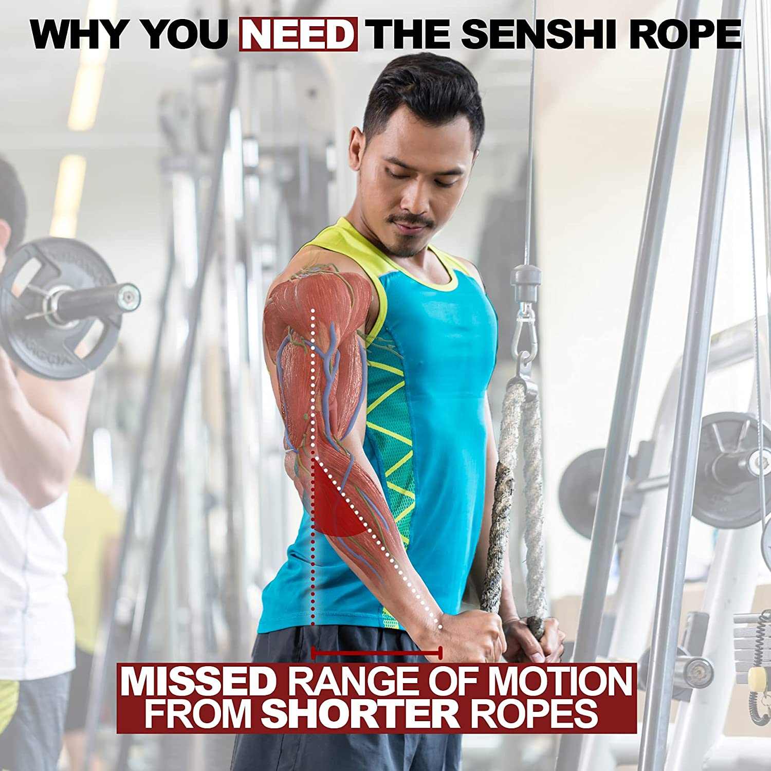 XXL Tricep Rope Cable Machine Attachment - 36 inch For Full Range Of Motion