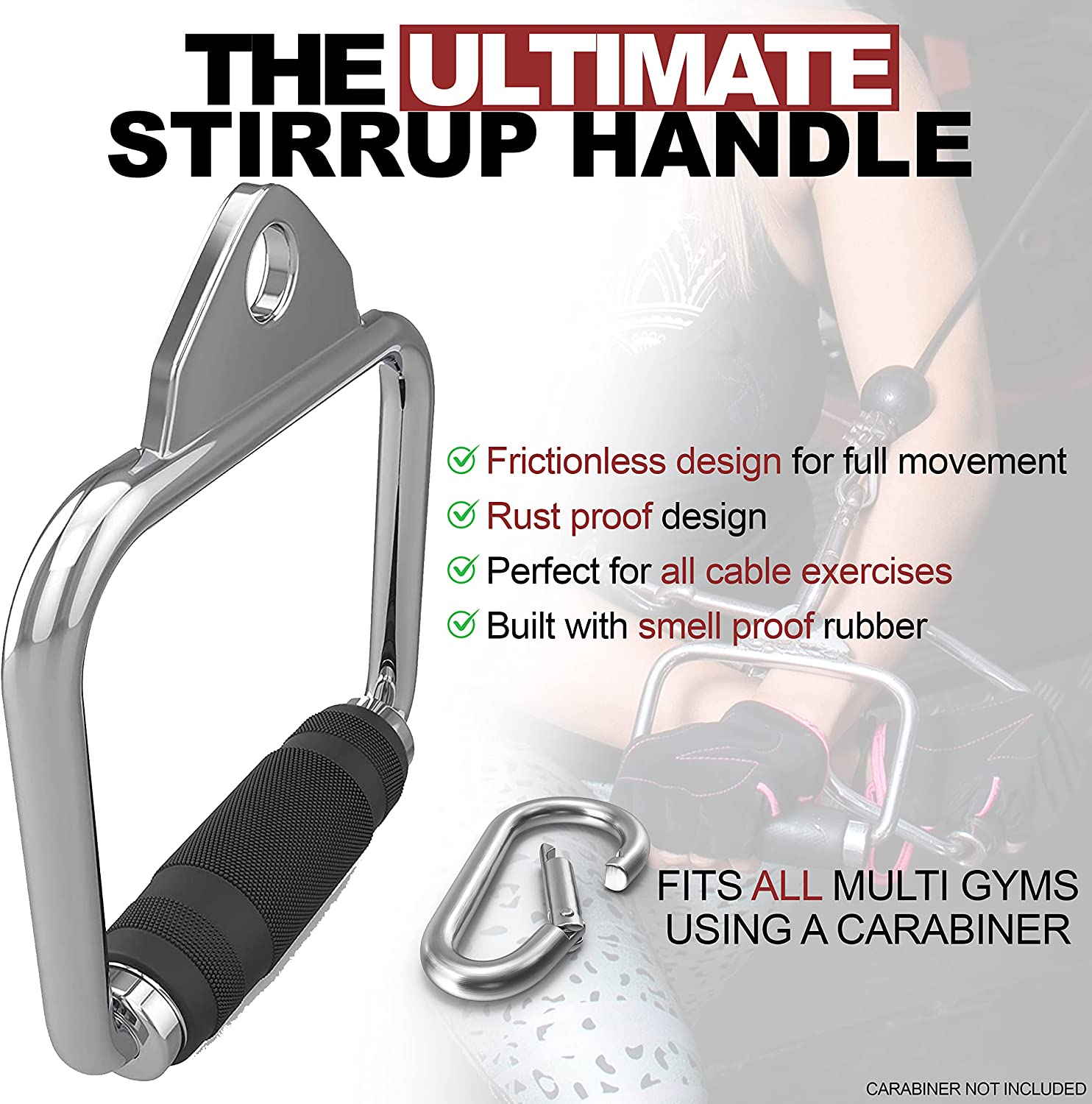 SOLID Metal Stirrup Handle with Rubber Grips | D Handle for Cable Machines, Multigyms, And Weight Lifting